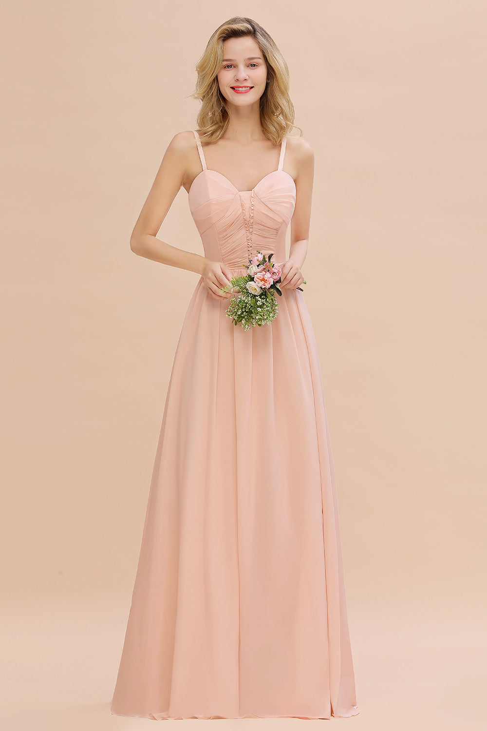 Glamorous Chiffon Spaghetti Straps Ruffle Long Bridesmaid Dress Affordable-27dress