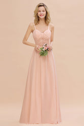 Glamorous Chiffon Spaghetti Straps Ruffle Long Bridesmaid Dress Affordable-27dress