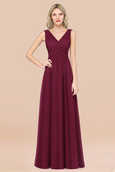 Glamorous Chiffon V-Neck Sleeveless Burgundy Bridesmaid Dress with Draped Back-27dress
