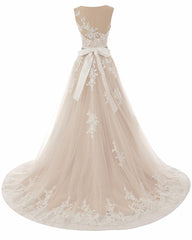 Glamorous Creamy Tulle Round Neck Long Wedding Dress White Lace Applique Bridal Gowns On Sale-27dress