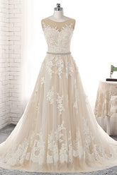 Glamorous Creamy Tulle Round Neck Long Wedding Dress White Lace Applique Bridal Gowns On Sale-27dress