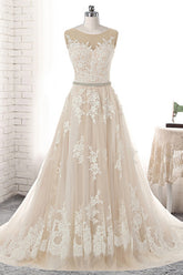 Glamorous Creamy Tulle Round Neck Long Wedding Dress White Lace Applique Bridal Gowns On Sale-27dress
