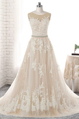 Glamorous Creamy Tulle Round Neck Long Wedding Dress White Lace Applique Bridal Gowns On Sale-27dress