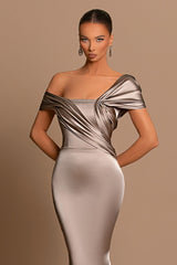 Glamorous Gray Off the Shoulder Mermaid Prom Dress With Pleated