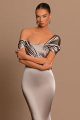 Glamorous Gray Off the Shoulder Mermaid Prom Dress With Pleated