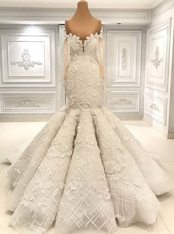 Glamorous Halfsleeves White Mermaid Weddung Dresses Strapless Ruffles Bridal Gowns With Appliques Online-27dress