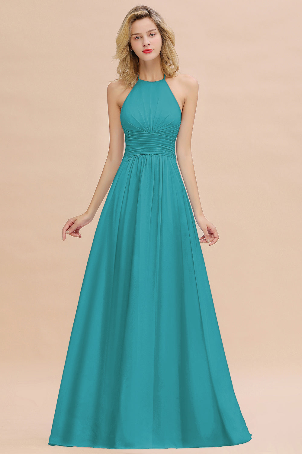 Glamorous Halter Backless Long Affordable Bridesmaid Dresses with Ruffle-27dress
