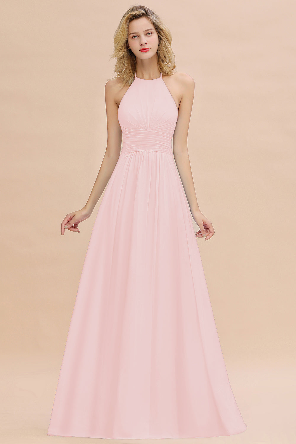 Glamorous Halter Backless Long Affordable Bridesmaid Dresses with Ruffle-27dress