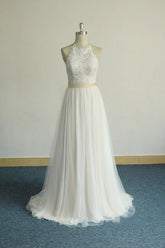 Glamorous Halter Ivory A-line Wedding Dresses Lace Tulle Ruffles Bridal Gowns With Appliques Online-27dress