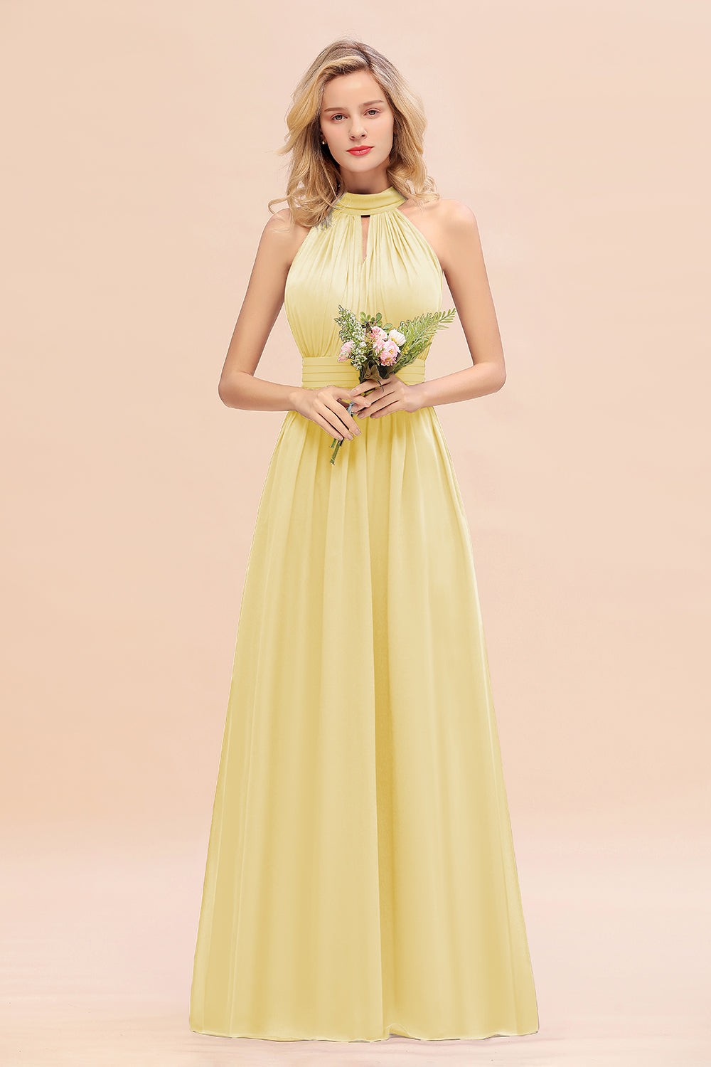 Glamorous High-Neck Halter Bridesmaid Affordable Dresses with Ruffle-27dress