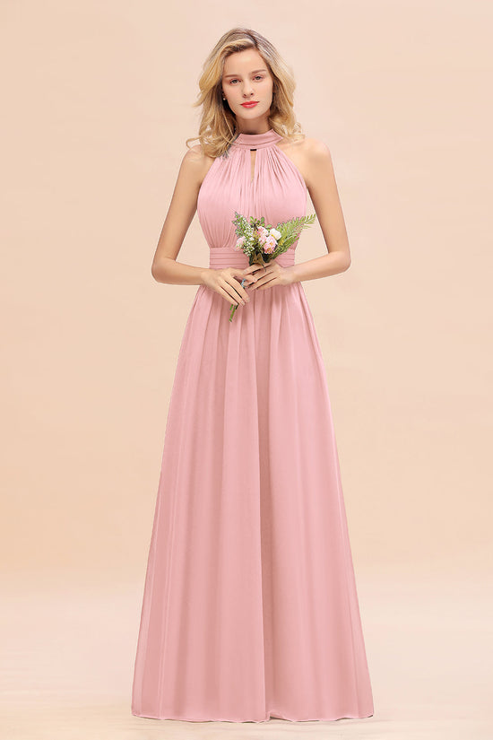 Glamorous High-Neck Halter Bridesmaid Affordable Dresses with Ruffle-27dress