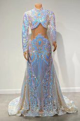 Glamorous High Neck Mermaid Long Sleeves Long Prom Dress With Sequins Lace
