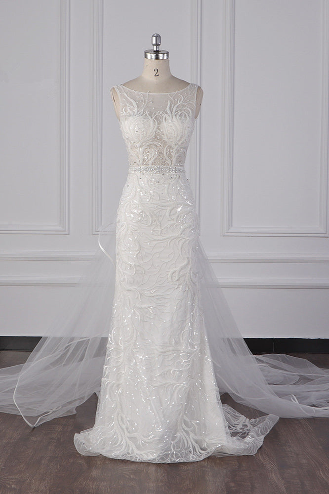 Glamorous Jewel Beadings Sheath Wedding Dress Tulle Beadings Appliques Bridal Gowns On Sale-27dress