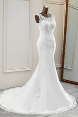 Glamorous Jewel Lace Beading Wedding Dresses Sleeveless Appliques Mermaid Bridal Gowns-27dress
