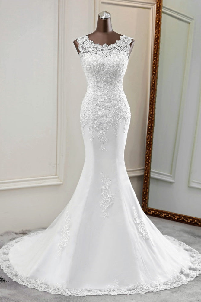 Glamorous Jewel Lace Beading Wedding Dresses Sleeveless Appliques Mermaid Bridal Gowns-27dress