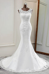 Glamorous Jewel Lace Beading Wedding Dresses Sleeveless Appliques Mermaid Bridal Gowns-27dress