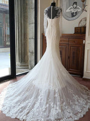 Glamorous Jewel Long Sleeves Wedding Dress Tulle Appliques Beadings Bridal Gowns On Sale-27dress