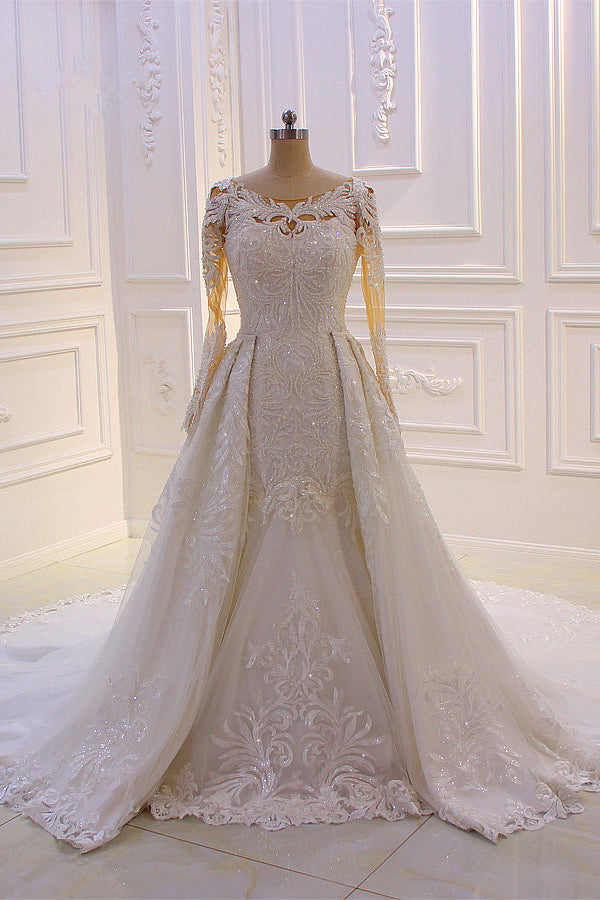 Glamorous Jewel Long Sleeves Wedding Dress Tulle Lace Bedaings Bridal Gowns Online-27dress
