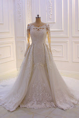 Glamorous Jewel Long Sleeves Wedding Dress Tulle Lace Bedaings Bridal Gowns Online-27dress