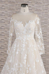Glamorous Jewel Longsleeves Champagne Wedding Dresses A-line Lace Bridal Gowns With Appliques On Sale-27dress