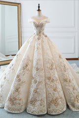 Glamorous Jewel Sleeveless Champagne Wedding Dress Appliques Bridal Gowns with Beadings Online-27dress