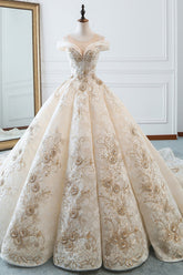 Glamorous Jewel Sleeveless Champagne Wedding Dress Appliques Bridal Gowns with Beadings Online-27dress