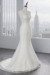 Glamorous Jewel Sleeveless Rhinestone White Mermaid Wedding Dresses with Appliques-27dress