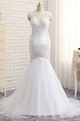 Glamorous Jewel Sleeveless Tulle Wedding Dresses White Mermaid Satin Bridal Gowns With Appliques On Sale-27dress