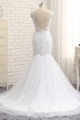 Glamorous Jewel Sleeveless Tulle Wedding Dresses White Mermaid Satin Bridal Gowns With Appliques On Sale-27dress