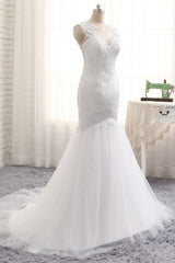 Glamorous Jewel Sleeveless Tulle Wedding Dresses White Mermaid Satin Bridal Gowns With Appliques On Sale-27dress