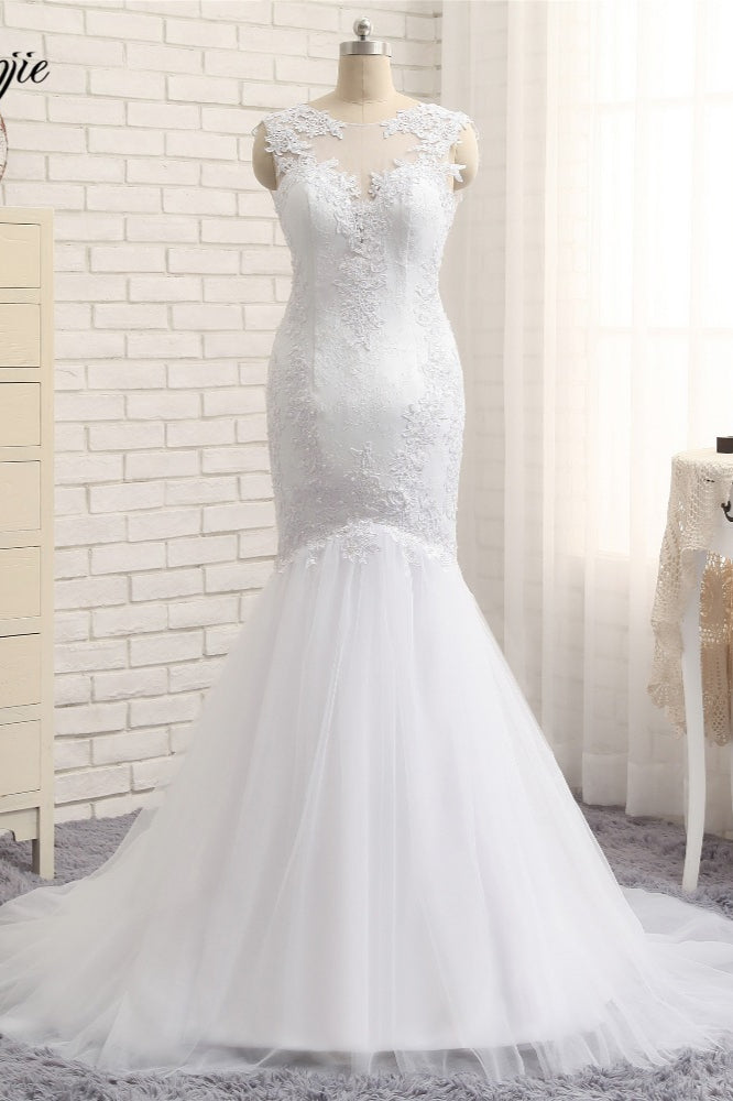 Glamorous Jewel Sleeveless Tulle Wedding Dresses White Mermaid Satin Bridal Gowns With Appliques On Sale-27dress