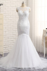 Glamorous Jewel Sleeveless Tulle Wedding Dresses White Mermaid Satin Bridal Gowns With Appliques On Sale-27dress
