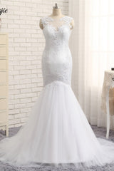 Glamorous Jewel Sleeveless Tulle Wedding Dresses White Mermaid Satin Bridal Gowns With Appliques On Sale-27dress