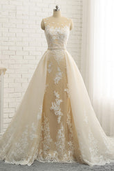 Glamorous Jewel Tulle Champagne Wedding Dress Appliques Sleeveless Overskirt Bridal Gowns with Beading Sash Online-27dress