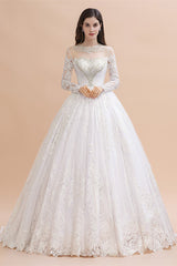 Glamorous Jewel Tulle Lace Wedding Dress Long Sleeves Appliques Beadings Bridal Gowns Online-27dress