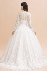 Glamorous Jewel Tulle Lace Wedding Dress Long Sleeves Appliques Beadings Bridal Gowns Online-27dress