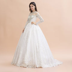 Glamorous Jewel Tulle Lace Wedding Dress Long Sleeves Appliques Beadings Bridal Gowns Online-27dress
