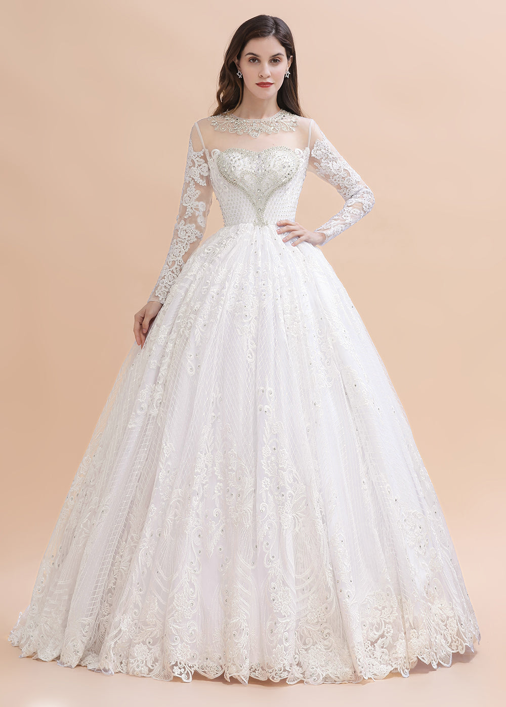 Glamorous Jewel Tulle Lace Wedding Dress Long Sleeves Appliques Beadings Bridal Gowns Online-27dress