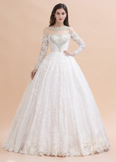 Glamorous Jewel Tulle Lace Wedding Dress Long Sleeves Appliques Beadings Bridal Gowns Online-27dress