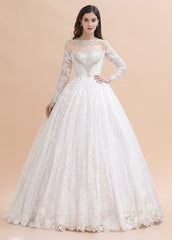 Glamorous Jewel Tulle Lace Wedding Dress Long Sleeves Appliques Beadings Bridal Gowns Online-27dress