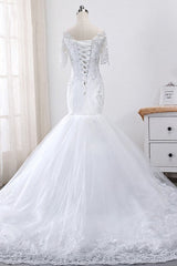 Glamorous Jewel Tulle Lace Wedding Dress Mermaid Short Sleeves Beading Bridal Gowns Online-27dress