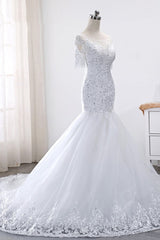 Glamorous Jewel Tulle Lace Wedding Dress Mermaid Short Sleeves Beading Bridal Gowns Online-27dress