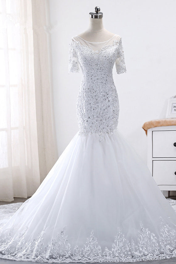 Glamorous Jewel Tulle Lace Wedding Dress Mermaid Short Sleeves Beading Bridal Gowns Online-27dress