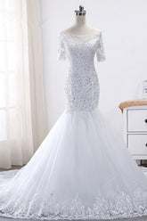 Glamorous Jewel Tulle Lace Wedding Dress Mermaid Short Sleeves Beading Bridal Gowns Online-27dress