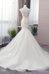 Glamorous Jewel Tulle Mermaid Iovry Wedding Dress Lace Appliques Sleeveless Bridal Gowns On Sale-27dress