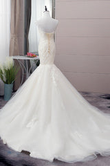 Glamorous Jewel Tulle Mermaid Iovry Wedding Dress Lace Appliques Sleeveless Bridal Gowns On Sale-27dress