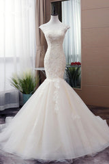 Glamorous Jewel Tulle Mermaid Iovry Wedding Dress Lace Appliques Sleeveless Bridal Gowns On Sale-27dress