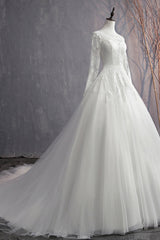 Glamorous Jewel White Tulle Lace Wedding Dress Long Sleeves Appliques Bridal Gowns On Sale-27dress