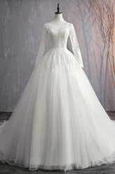 Glamorous Jewel White Tulle Lace Wedding Dress Long Sleeves Appliques Bridal Gowns On Sale-27dress