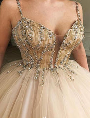 Glamorous Long Ball Gown Spaghetti Straps Beaded Tulle Prom Dresses-27Dress
